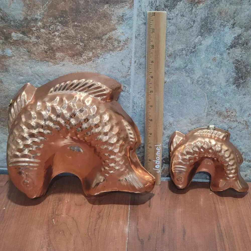 Vintage Tagus Portugal Copper Fish Mold Kitchen Decor Wall Hanging Set of 2